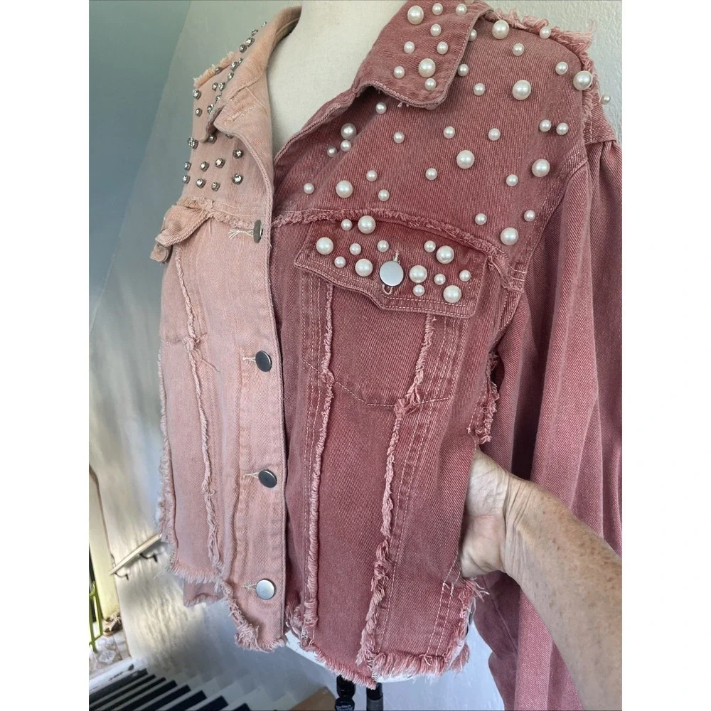 POL Pearl & Rhinestone NWOT Colorblock Pink & Raspberry Denim Jacket Oversized S - Picture 7 of 8